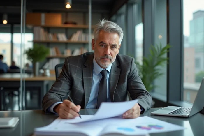Homme d'affaires du secteur télévisuel examinant des contrats et revenus dans un bureau moderne de chaîne de télévision française