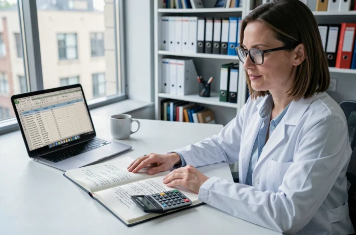 Femme ingénieure calculant des conversions de kilogrammes en tonnes avec une calculatrice et un carnet de notes