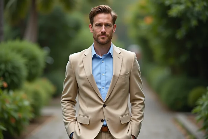 Homme en costume d'été beige sable et chemise bleu ciel dans un jardin, look 4 juillet élégant