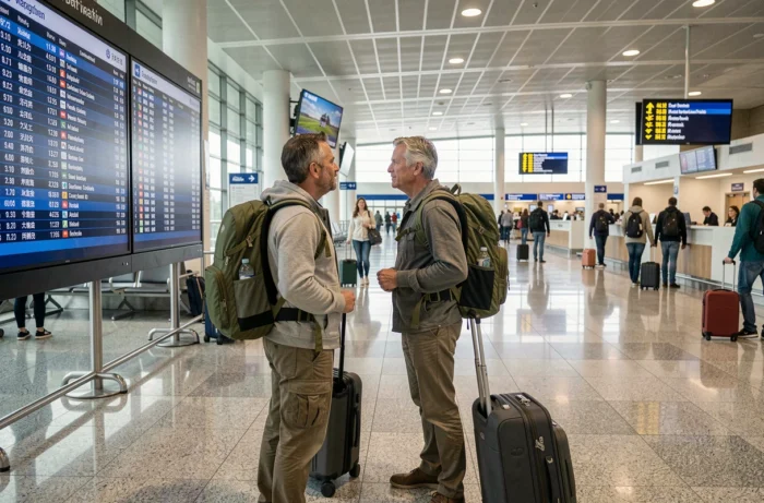 Couple de voyageurs consultant le tableau des départs dans un aéroport international avec leurs bagages