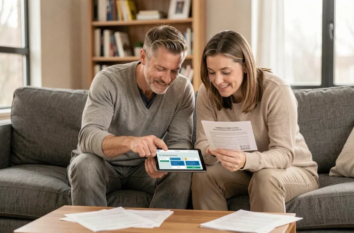 Couple consultant des offres d'assurance sur une tablette numérique dans un salon moderne pour réduire leurs dépenses