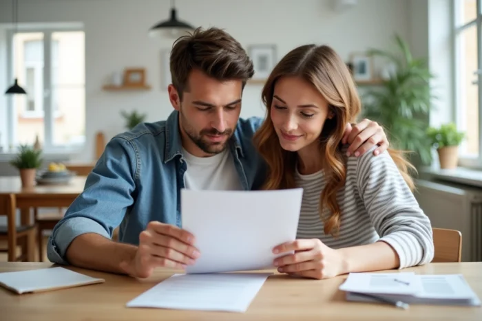 Couple triant des courriers administratifs Action Logement pour identifier un code spécifique sur les documents