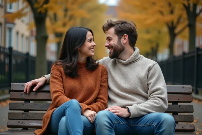 Couple discret partageant un moment de complicité et de rire sur un banc dans un parc urbain en automne