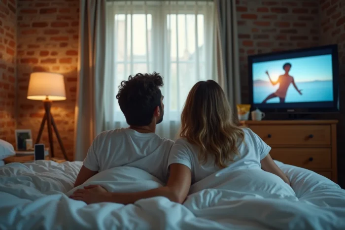 Couple regardant un film en streaming sur une Smart TV Samsung dans une chambre cosy avec literie blanche