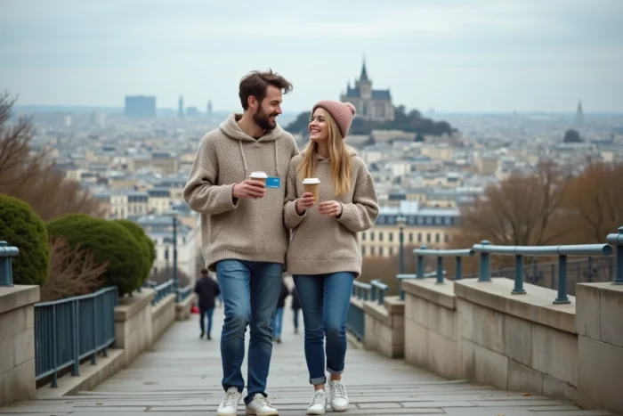Couple de touristes tenant une carte Navigo sur les marches de Montmartre à Paris