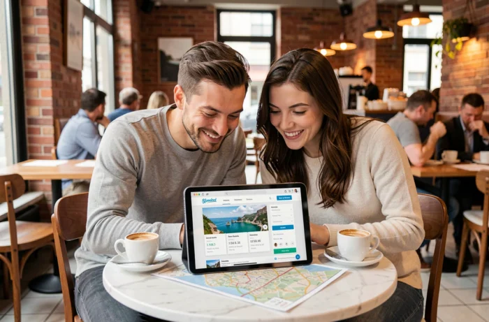 Couple planifiant leur prochain voyage ensemble sur une tablette dans un café parisien