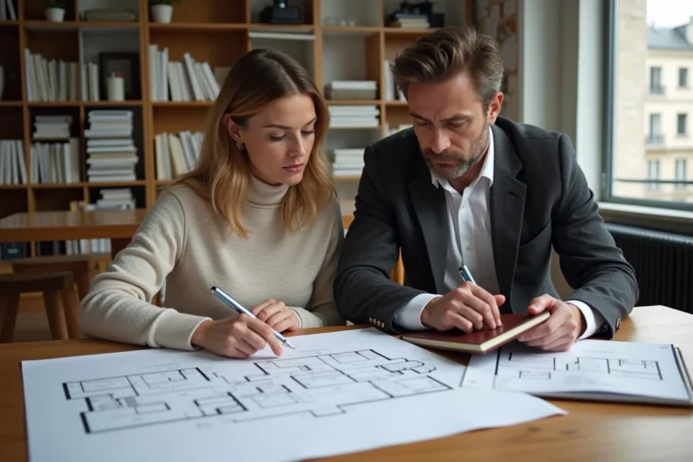 Couple de professionnels examinant des plans immobiliers et des documents sur une table en bois dans un appartement moderne parisien
