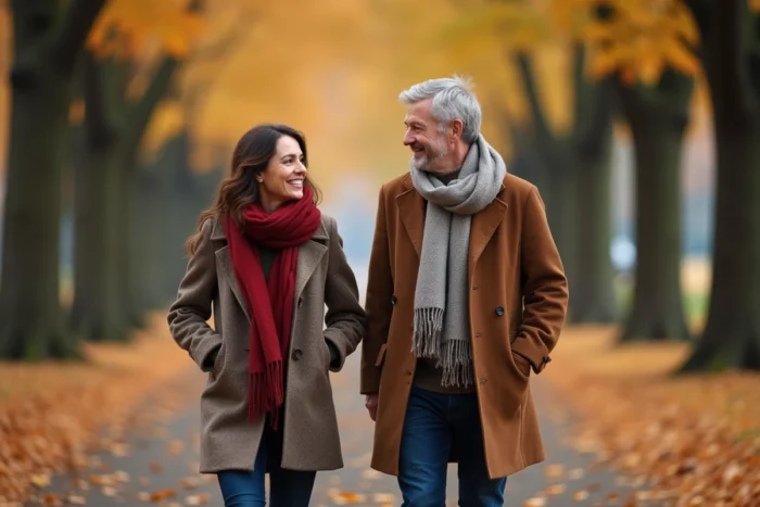 Couple complice se promenant dans un parc en automne, symbolisant la relation amoureuse discrète de Booder avec sa compagne mystérieuse