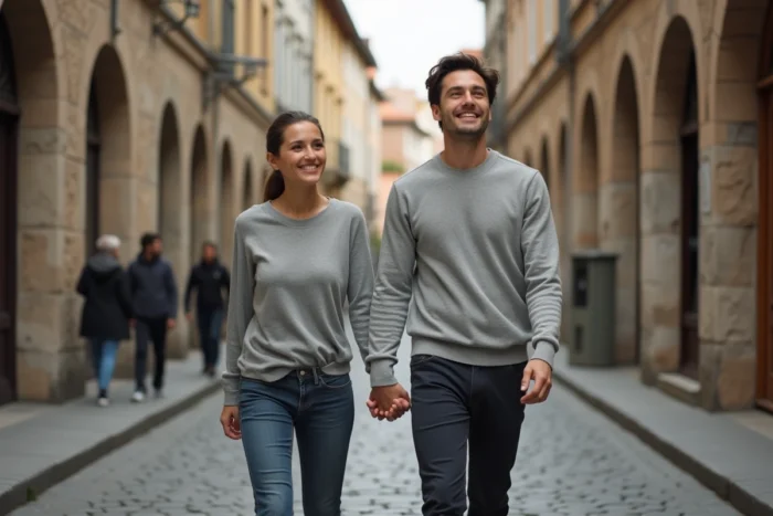 Couple main dans la main se promenant dans une rue pavée historique, symbole de stabilité et de vie discrète