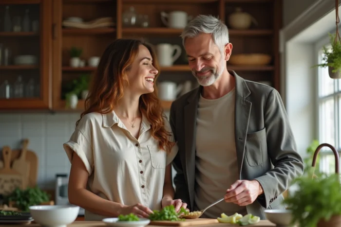 Couple complice préparant un repas ensemble dans une cuisine chaleureuse, image de stabilité et de vie partagée