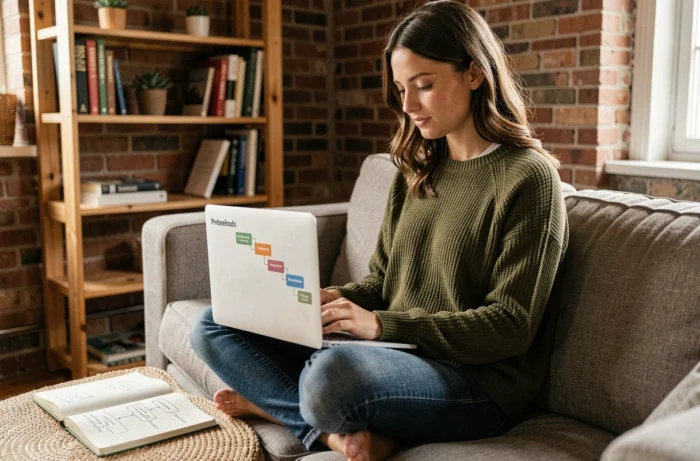 Jeune femme travaillant sur un plan de site hiérarchique depuis son bureau à domicile