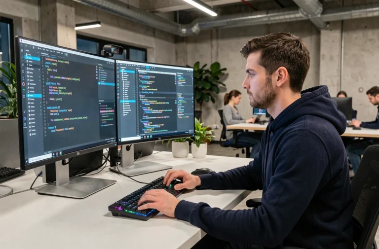 Développeur informatique concentré sur son IDE avec double écran dans un bureau moderne