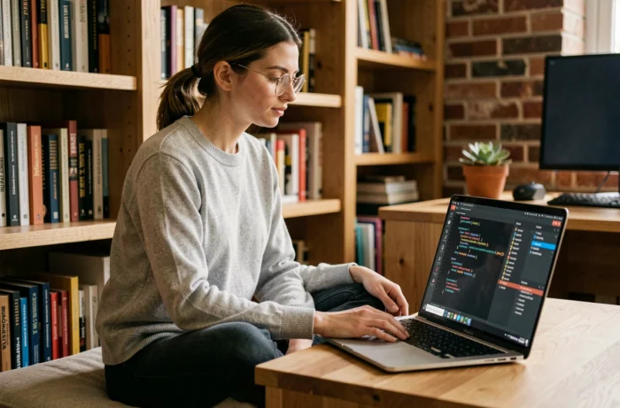 Développeuse travaillant sur son IDE en dark mode dans un bureau à domicile chaleureux