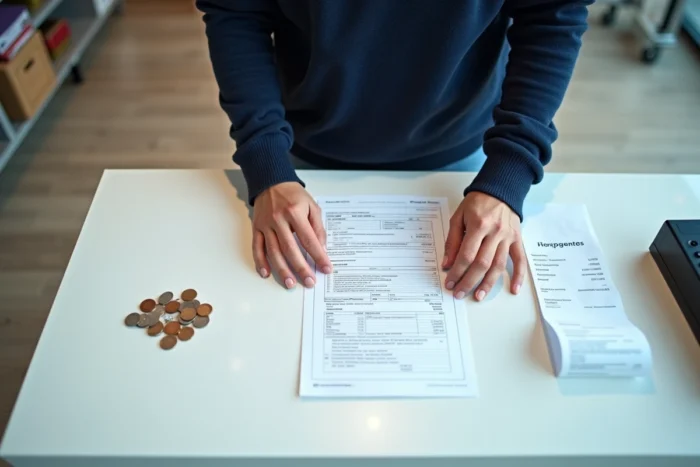 Documents imprimés, pièces de monnaie et reçu posés sur un comptoir dans un magasin Carrefour
