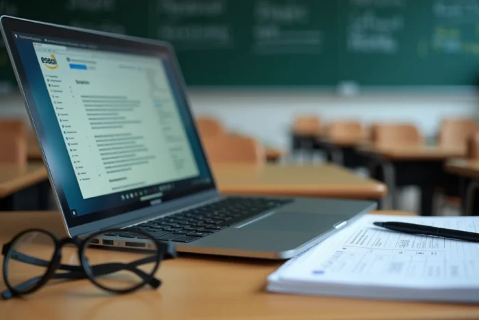 Écran de messagerie webmail académique affiché sur un ordinateur portable posé sur un bureau de salle de classe
