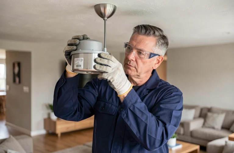 Électricien professionnel inspectant un luminaire de plafond pour vérifier sa classification électrique classe 2