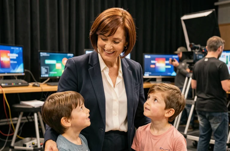Elsa Fourlon souriante avec ses enfants dans les coulisses de l'émission N'oubliez pas les paroles