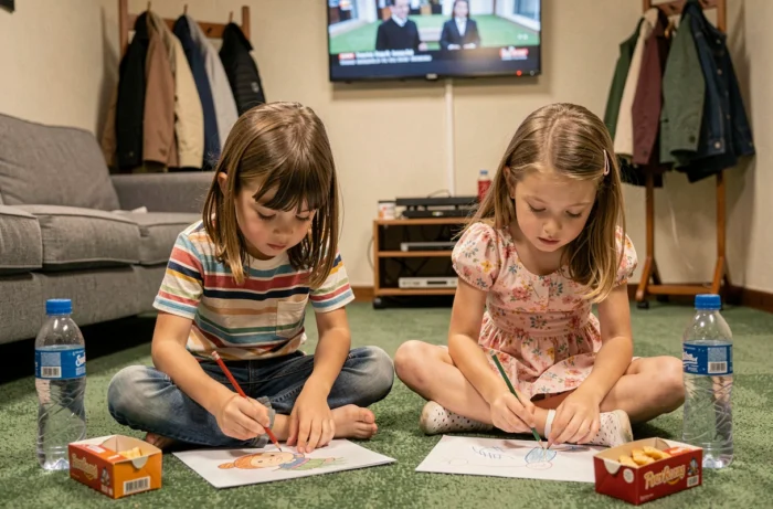Deux enfants jouant et dessinant dans la loge des coulisses d'un plateau de télévision