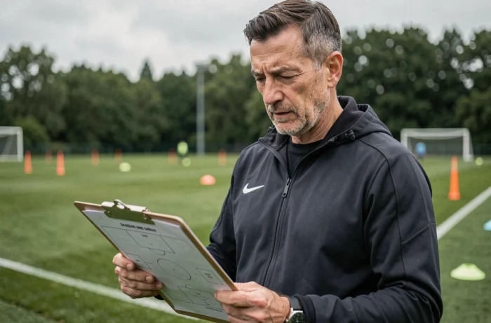 Entraîneur de football concentré sur ses tactiques lors d'une séance d'entraînement professionnelle en plein air