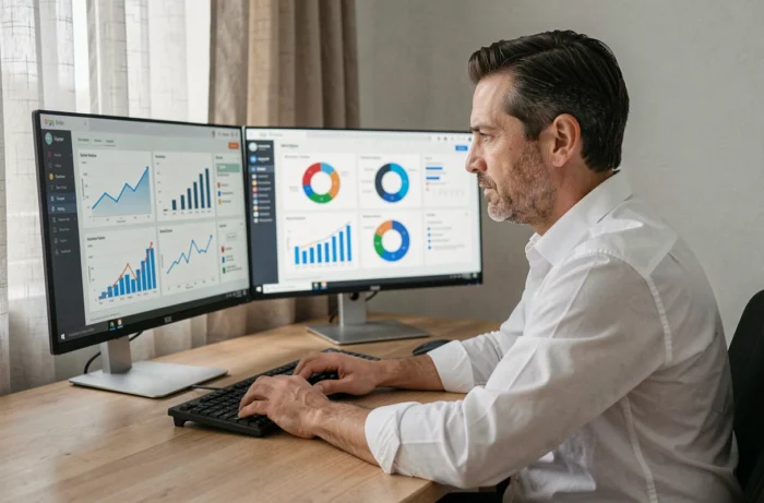 Entrepreneur concentré analysant des tableaux de bord analytiques sur ordinateur dans un bureau à domicile minimaliste