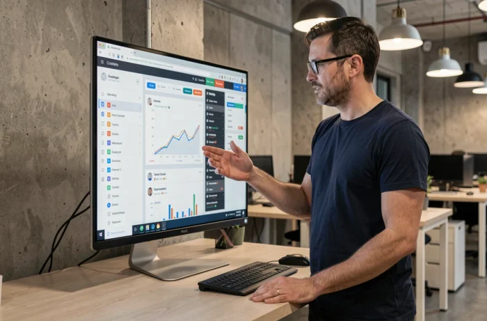 Entrepreneur web debout devant un écran affichant une plateforme tout-en-un dans un espace de coworking moderne
