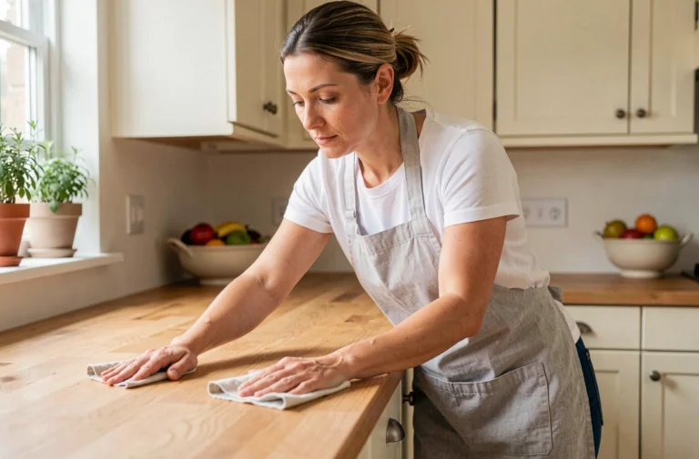Femme entretenant le plan de travail en bois de sa cuisine avec un chiffon naturel, conseils d'entretien maison au quotidien