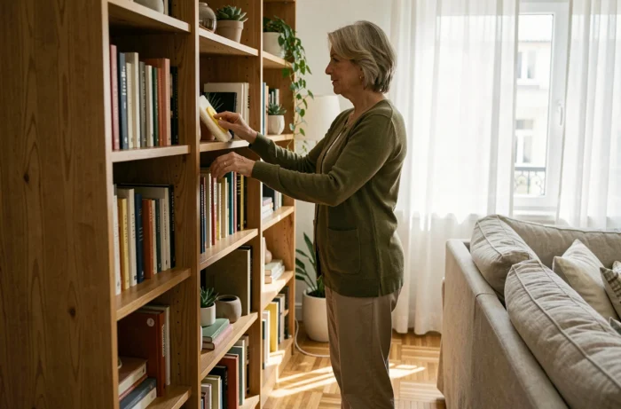 Femme dépoussiérant une bibliothèque dans un salon lumineux, astuces d'entretien et d'organisation de la maison