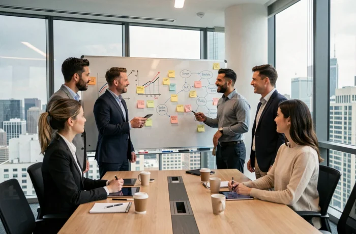 Équipe de professionnels en réunion stratégique autour d'un tableau blanc dans une salle de conférence moderne