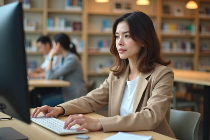 Jeune femme consultant son espace personnel France Travail sur ordinateur dans un espace de coworking pour vérifier son RIB