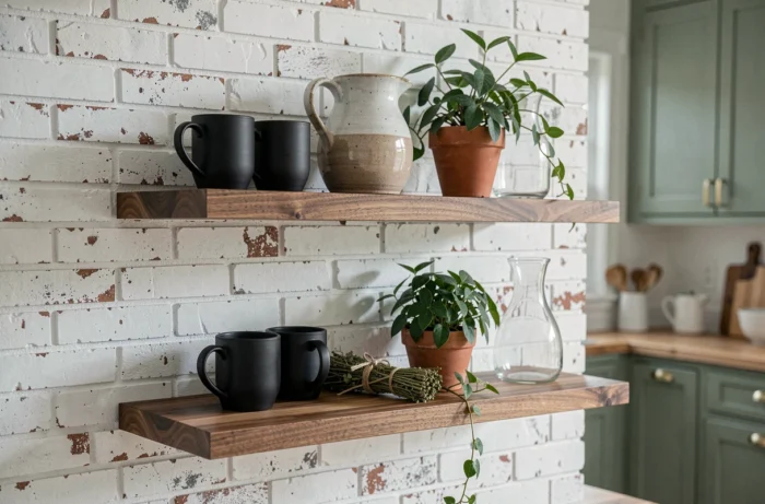 Étagères flottantes en noyer sur mur en brique blanchie avec vaisselle artisanale et plantes dans une cuisine décorée avec goût