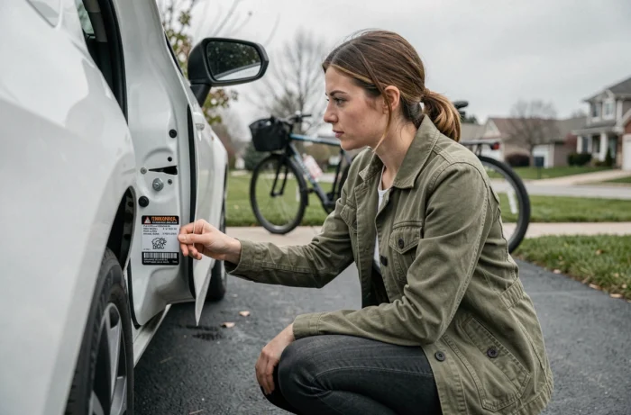 Femme consultant l'étiquette de pression de gonflage sur la portière d'une Toyota Yaris hybride blanche