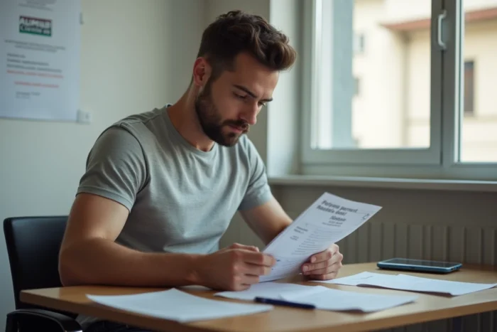 Jeune homme étudiant le manuel du permis moto 125 dans une auto-école italienne