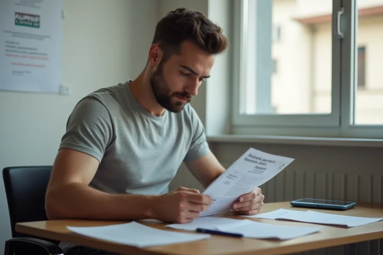 Jeune homme étudiant le manuel du permis moto 125 dans une auto-école italienne