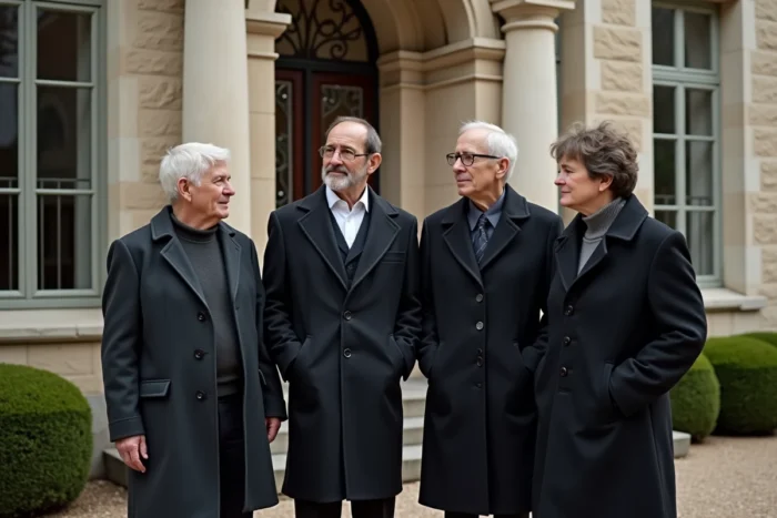 Famille réunie devant une maison funéraire en pierre à Tours pour l'organisation des funérailles