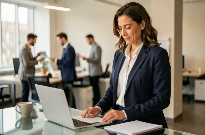Femme d'affaires professionnelle en blazer marine analysant des documents dans un bureau moderne en 2024