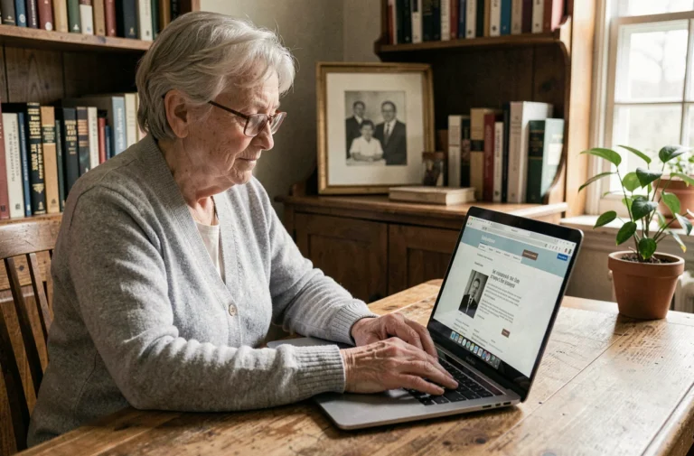 Femme âgée consultant un service d'avis de décès en ligne sur un ordinateur portable dans un bureau à domicile
