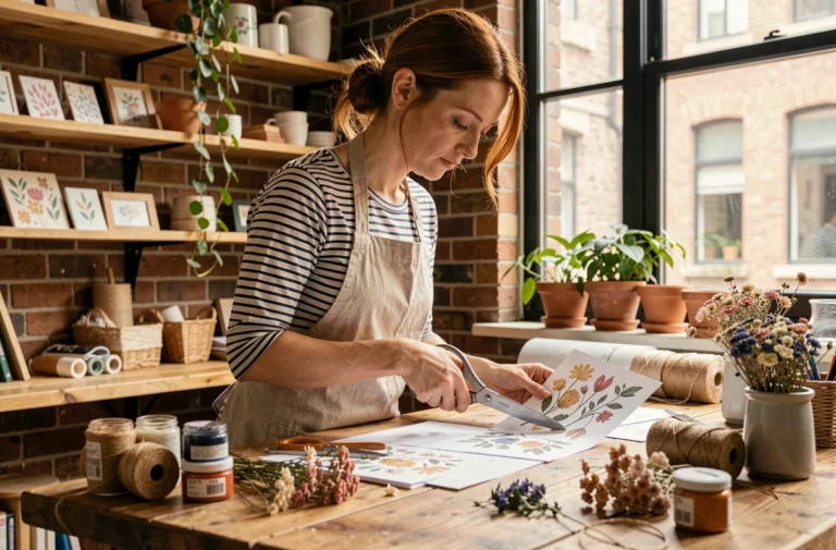 Femme artisane travaillant sur un projet DIY créatif dans un atelier rustique avec matériaux de décoration