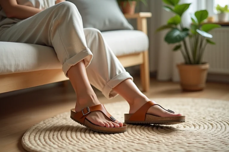 Femme portant des sandales Birkenstock Arizona en cuir naturel, assise sur un banc en bois dans un intérieur scandinave minimaliste