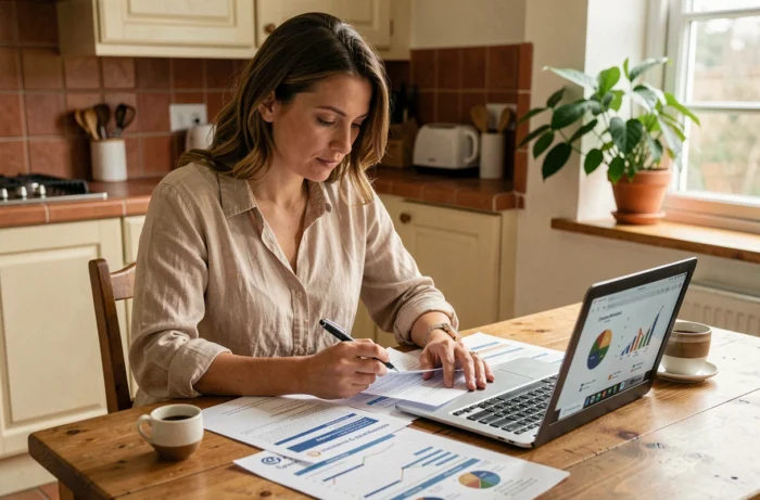 Femme comparant des offres d'assurance sur ordinateur portable avec des documents papier sur une table en bois dans une cuisine chaleureuse