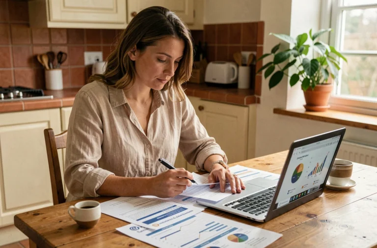 Femme comparant des offres d'assurance sur ordinateur portable avec des documents papier sur une table en bois dans une cuisine chaleureuse