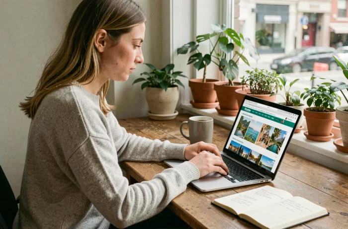 Femme qui compare des sites de voyage en ligne sur son ordinateur portable dans un bureau à domicile confortable