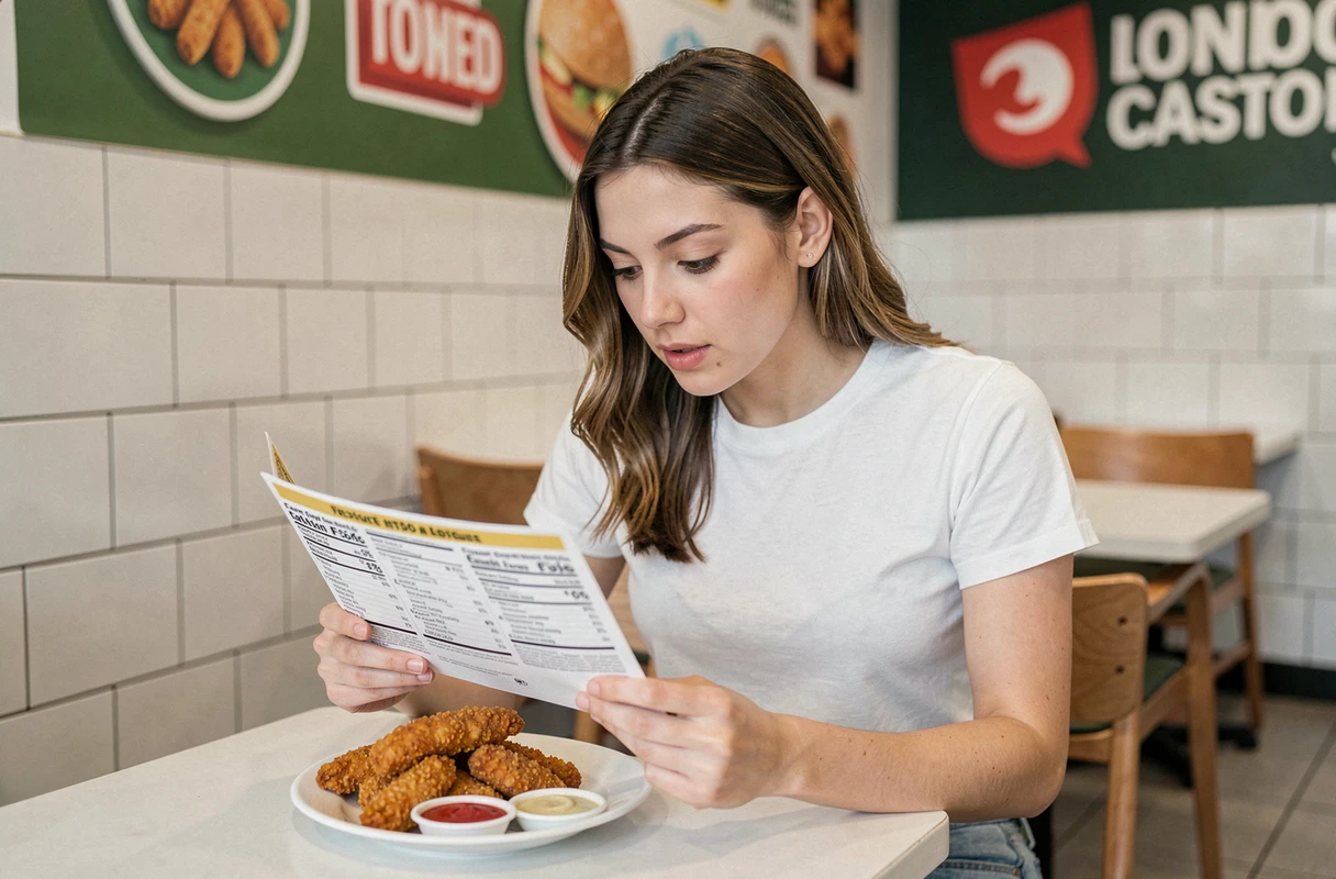 Jeune femme consultant les informations nutritionnelles d'un menu de poulet frit dans un restaurant
