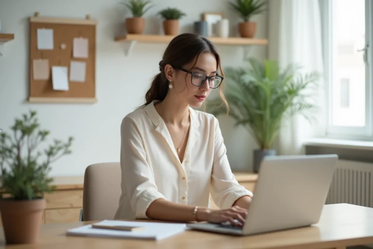 Jeune femme consultant le plan du site Passion Mariage sur un ordinateur portable dans un bureau scandinave