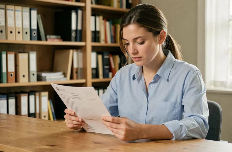Femme consultant un ancien bulletin scolaire à son bureau à domicile