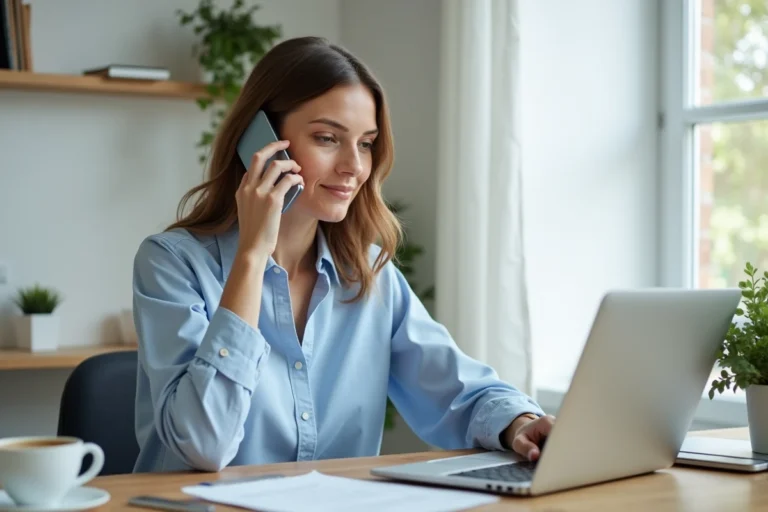 Femme en télétravail contactant le CESU Urssaf par téléphone depuis son bureau à domicile