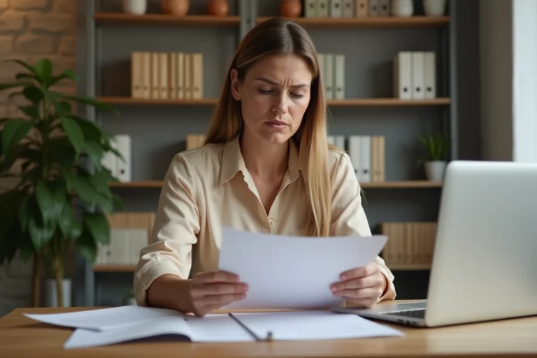 Femme consultant un courrier officiel Action Logement à son bureau pour trouver un code spécifique