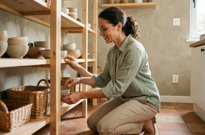 Femme arrangeant des bols en céramique artisanaux sur une étagère ouverte dans une cuisine moderne aux murs en plâtre et carrelage terracotta