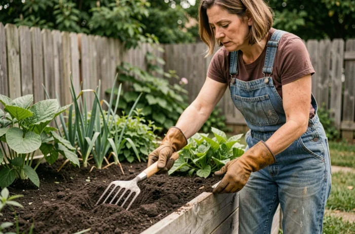 Femme utilisant une grelinette pour aérer la terre d'un potager surélevé en jardin écologique