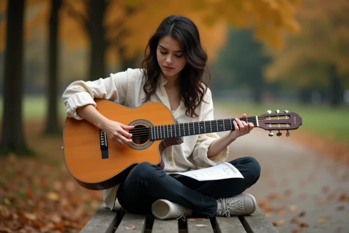 Femme guitariste apprenant les accords de Mistral Gagnant sur une guitare classique dans un parc en automne