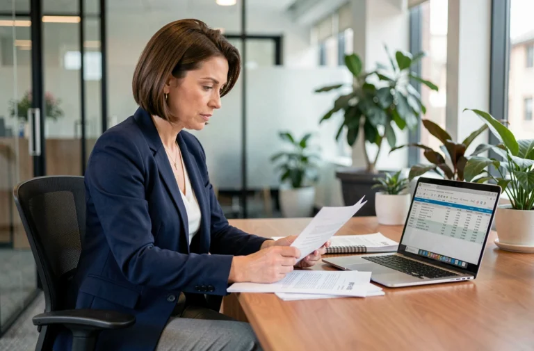 Femme en situation de handicap consultant des documents de crédit immobilier dans une agence bancaire